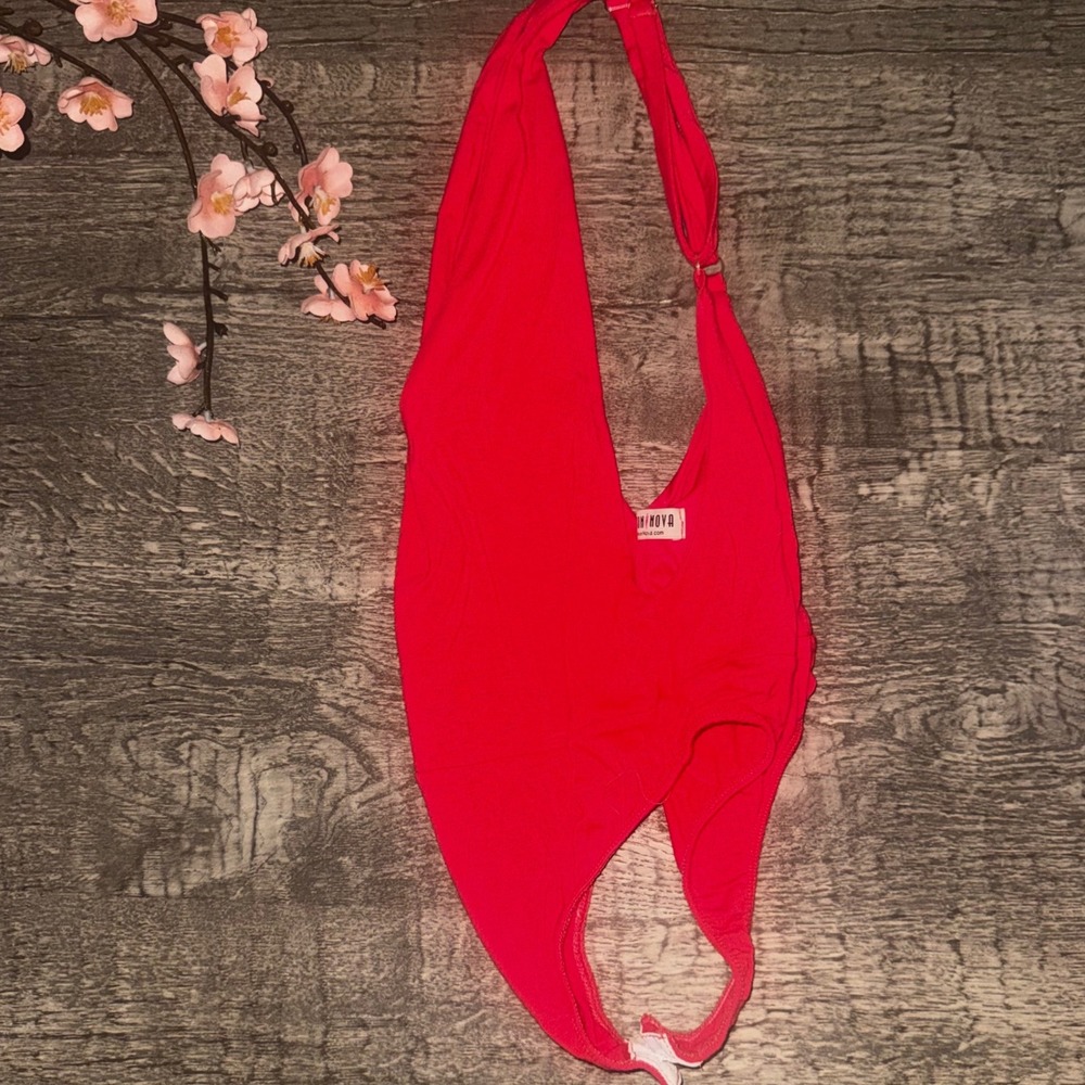 Fashion Nova Bodysuit Coral Red Low Back Deep Side High Leg Y2K Baddie Medium - Picture 2 of 7